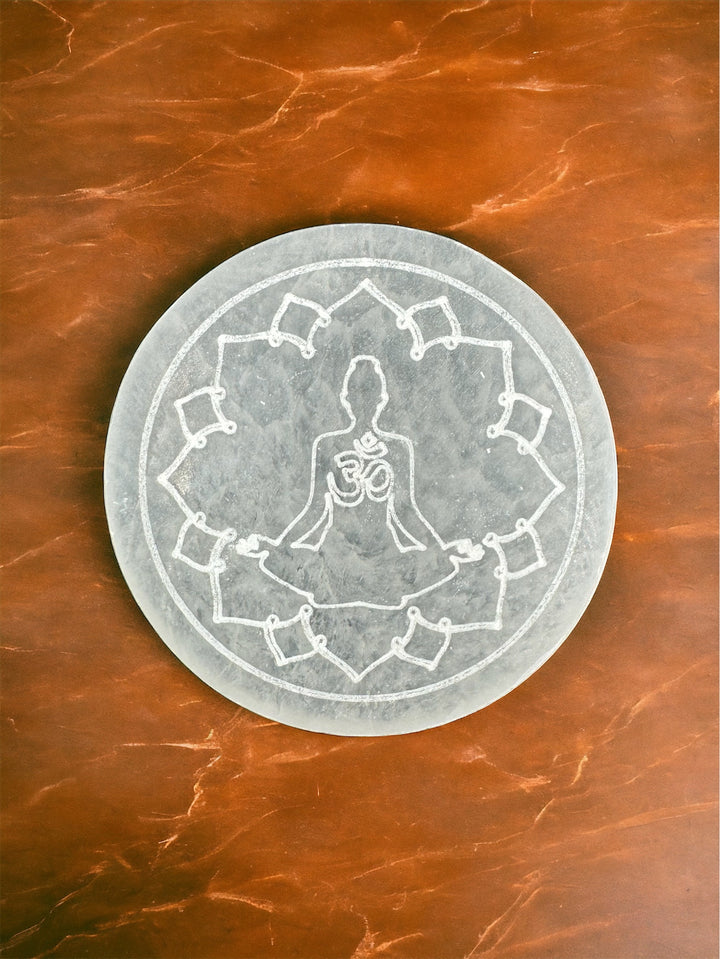 4 inch Hand Etched Ohm and Meditation Pose Selenite Charging Plate