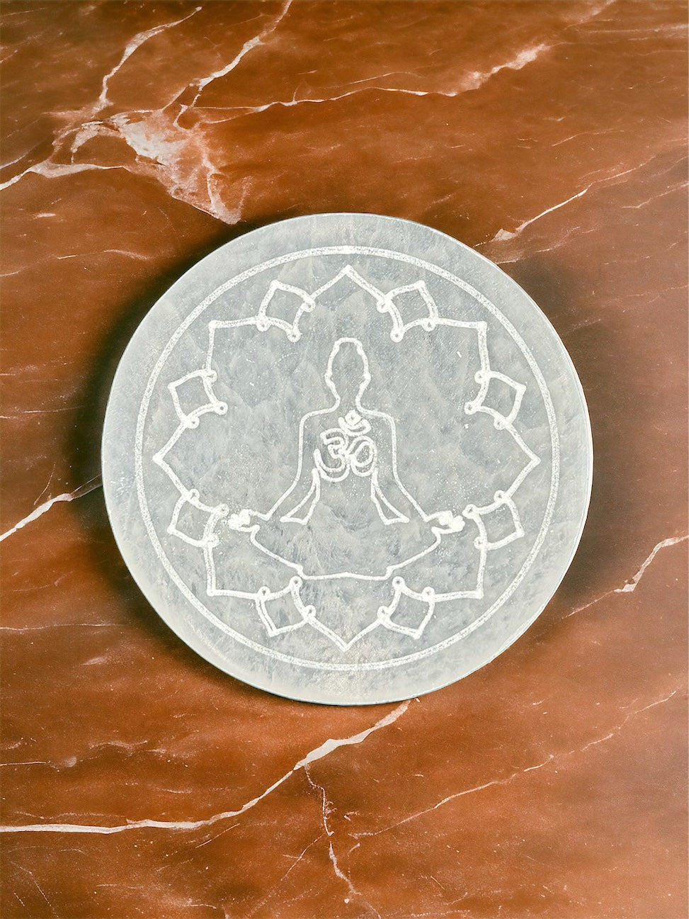 4 inch Hand Etched Ohm and Meditation Pose Selenite Charging Plate