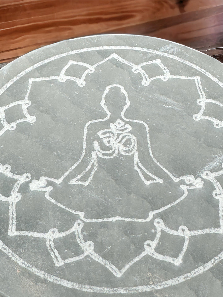 4 inch Hand Etched Ohm and Meditation Pose Selenite Charging Plate