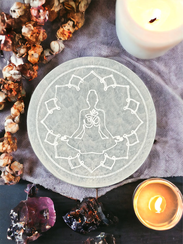 4 inch Hand Etched Ohm and Meditation Pose Selenite Charging Plate