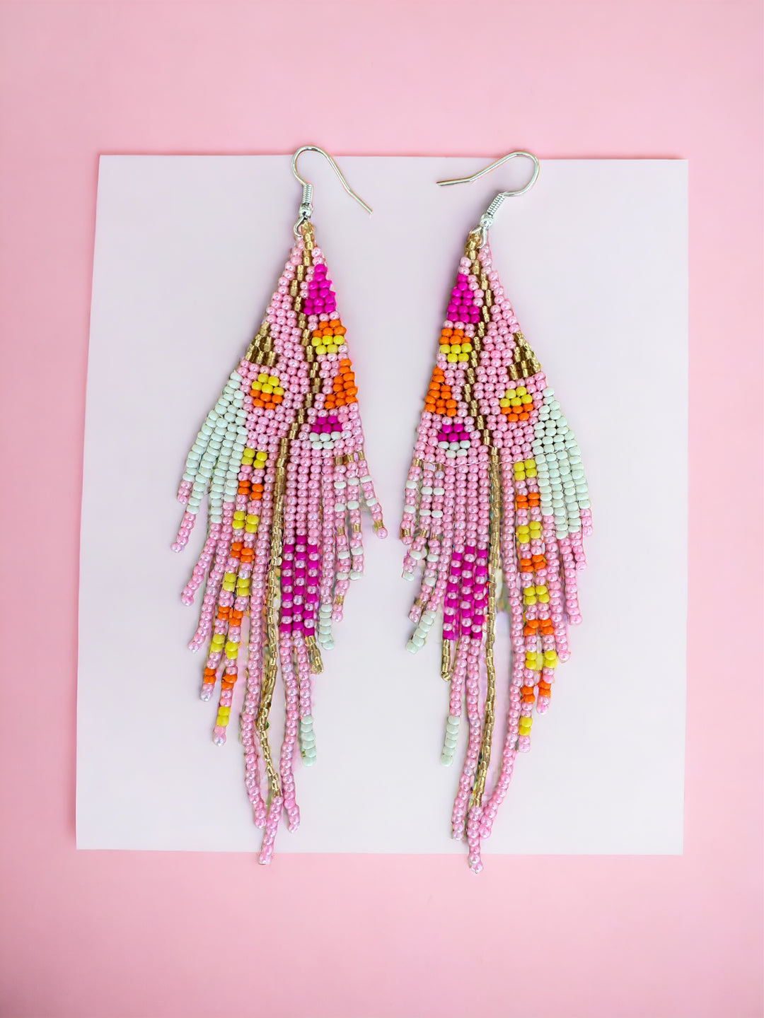 Handmade Bohemian Glass Beads Tassel Earrings - Pink