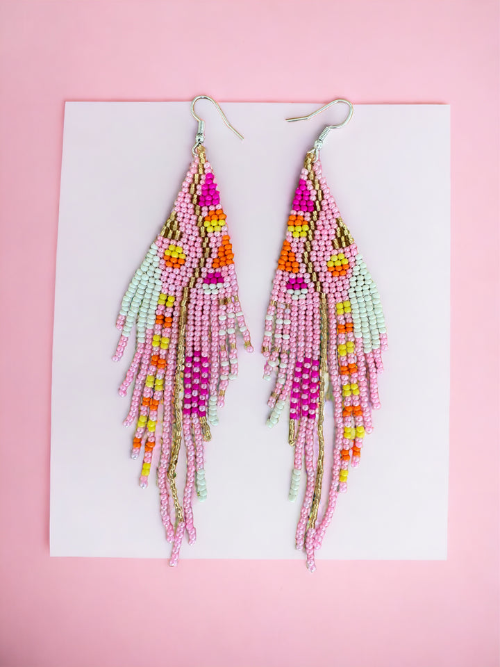 Handmade Bohemian Glass Beads Tassel Earrings - Pink