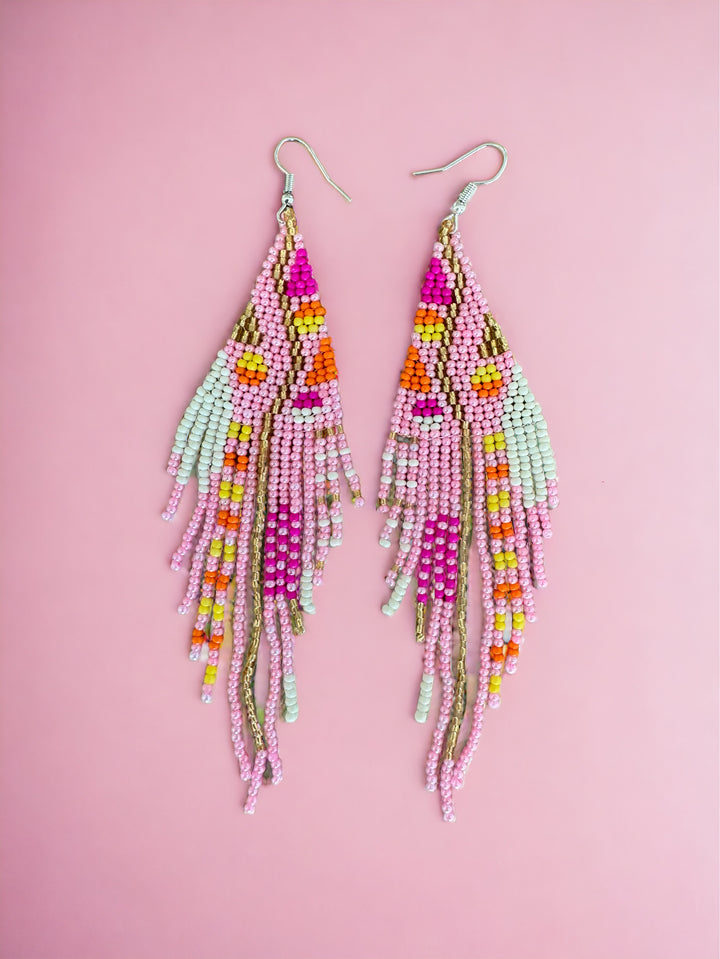 Handmade Bohemian Glass Beads Tassel Earrings - Pink