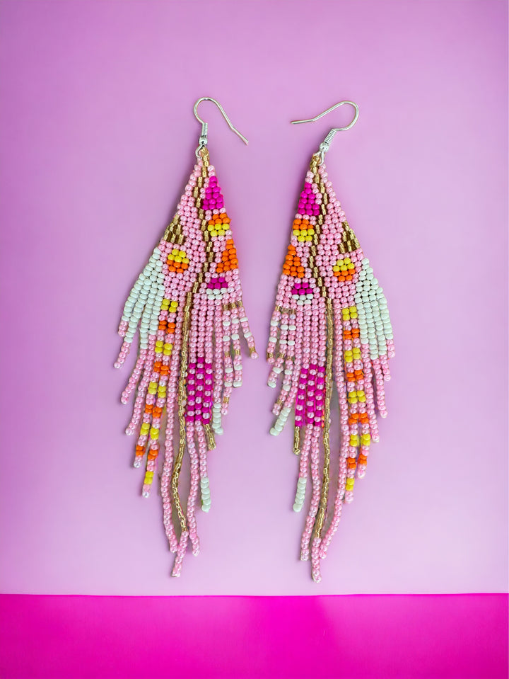 Handmade Bohemian Glass Beads Tassel Earrings - Pink