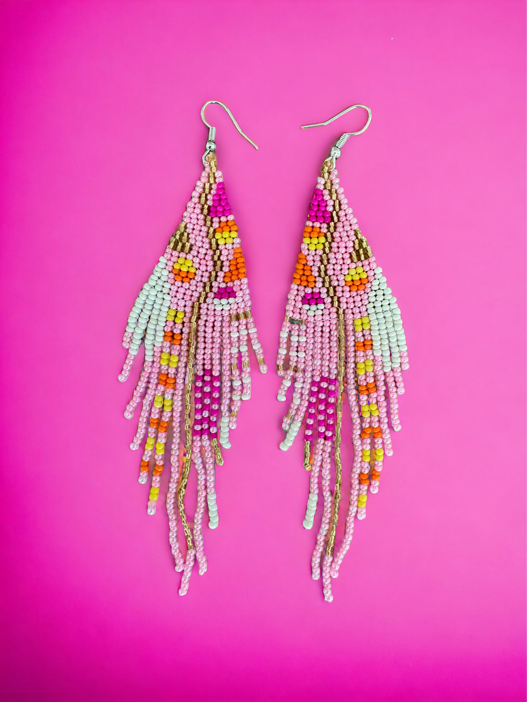 Handmade Bohemian Glass Beads Tassel Earrings - Pink