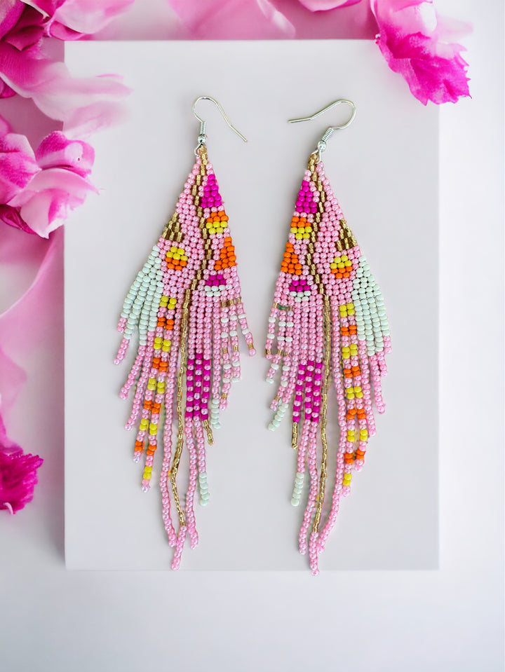 Handmade Bohemian Glass Beads Tassel Earrings - Pink