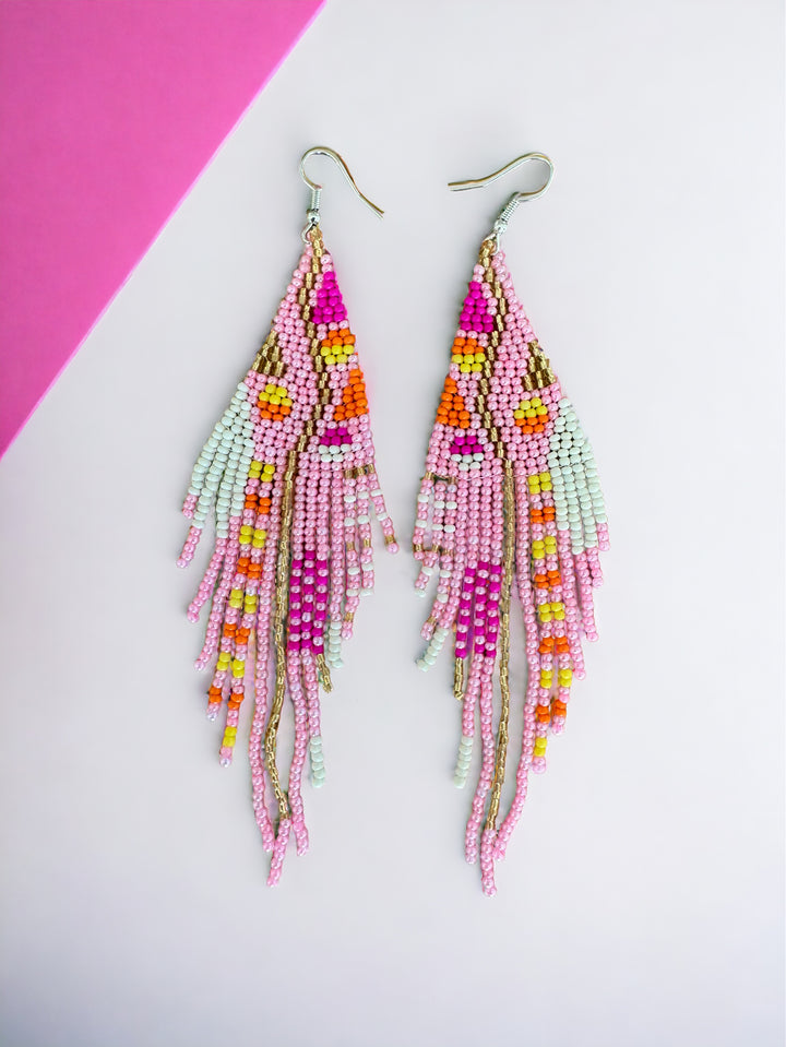 Handmade Bohemian Glass Beads Tassel Earrings - Pink