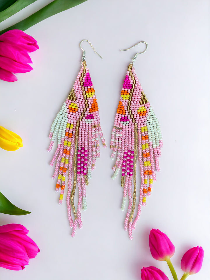 Handmade Bohemian Glass Beads Tassel Earrings - Pink