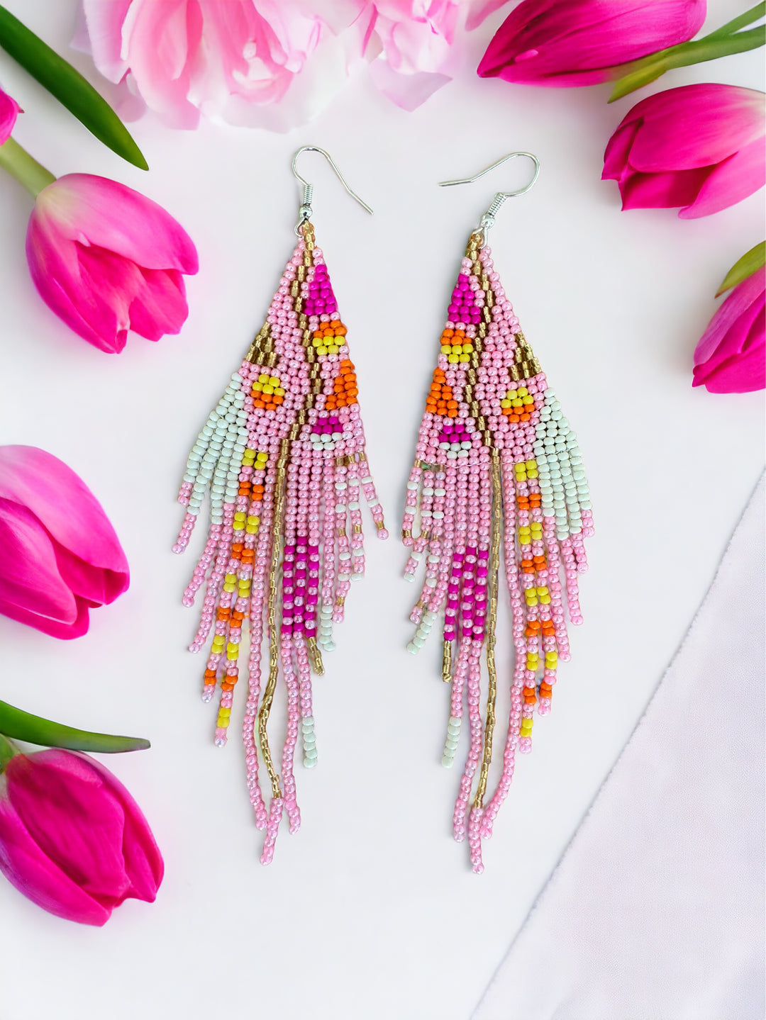 Handmade Bohemian Glass Beads Tassel Earrings - Pink