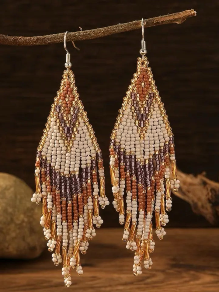 Handmade Bohemian Glass Beads Tassel Earrings - Brown