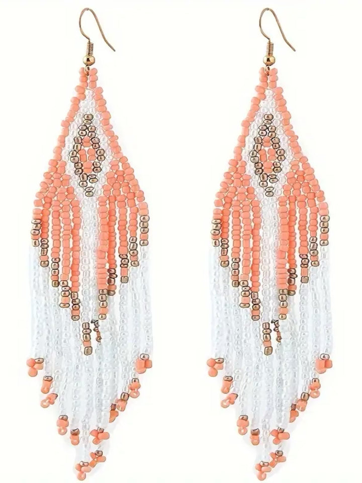 Handmade Bohemian Glass Beads Tassel Earrings - Coral