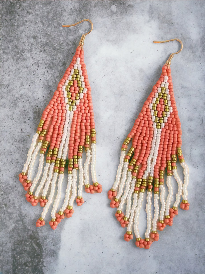 Handmade Bohemian Glass Beads Tassel Earrings - Coral