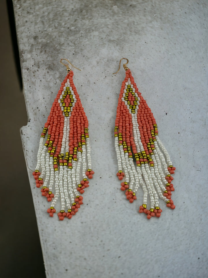 Handmade Bohemian Glass Beads Tassel Earrings - Coral