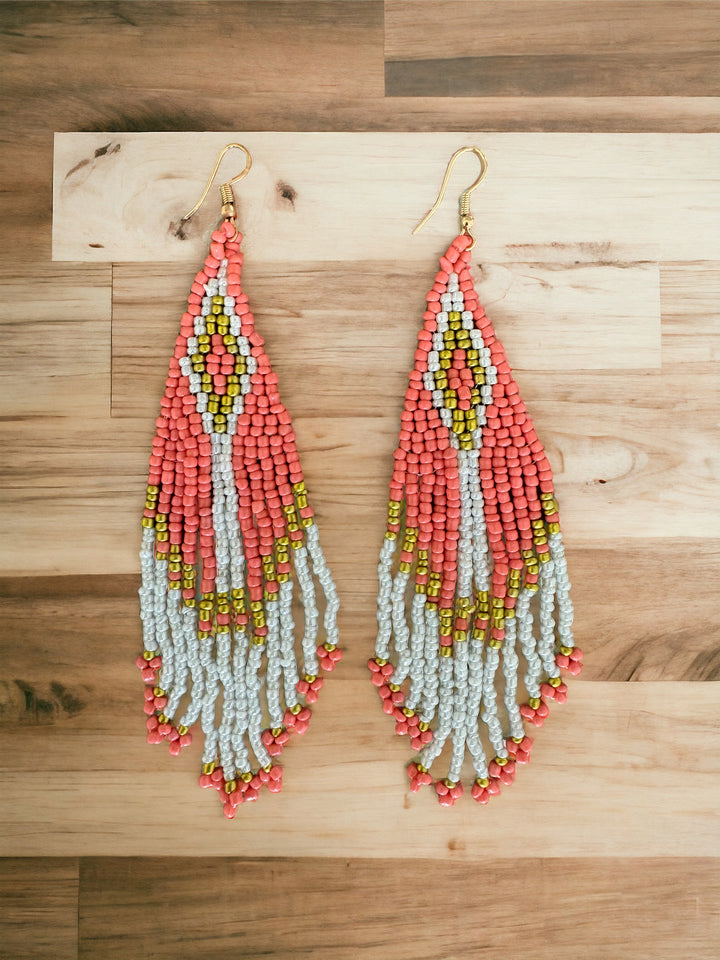 Handmade Bohemian Glass Beads Tassel Earrings - Coral