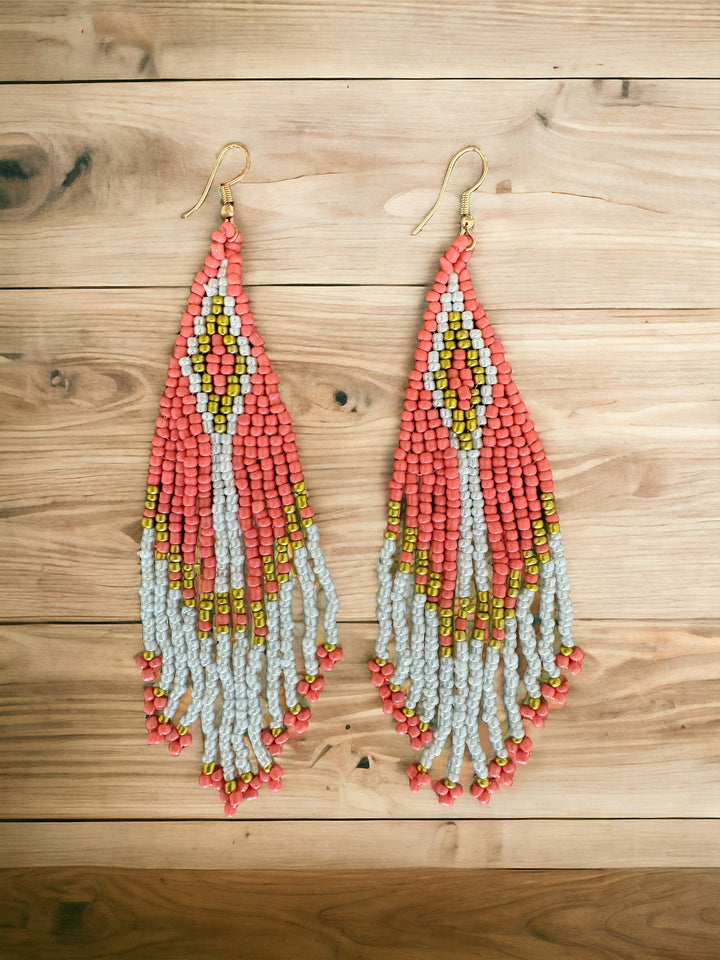 Handmade Bohemian Glass Beads Tassel Earrings - Coral