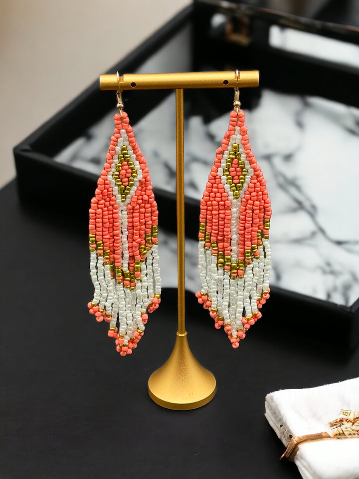 Handmade Bohemian Glass Beads Tassel Earrings - Coral