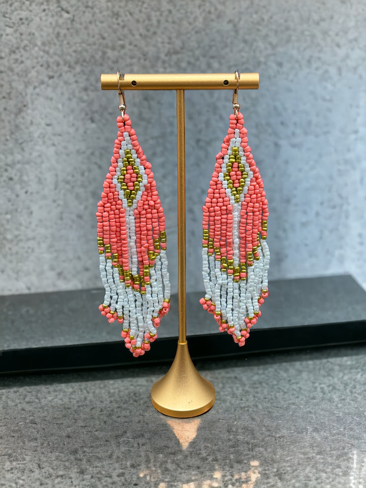 Handmade Bohemian Glass Beads Tassel Earrings - Coral