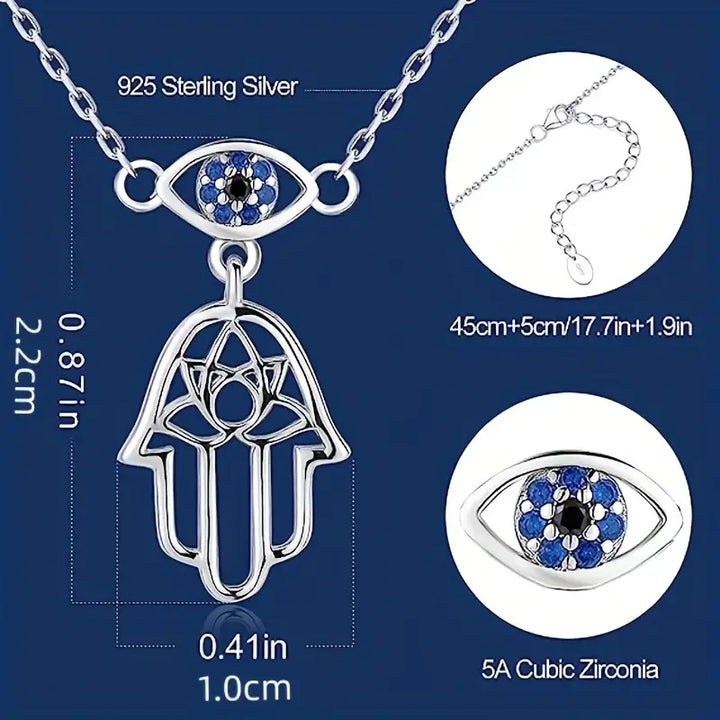 Divine Protection - 925 Sterling Silver Hamsa Hand/Lotus/Evil Eye Necklace (SS)