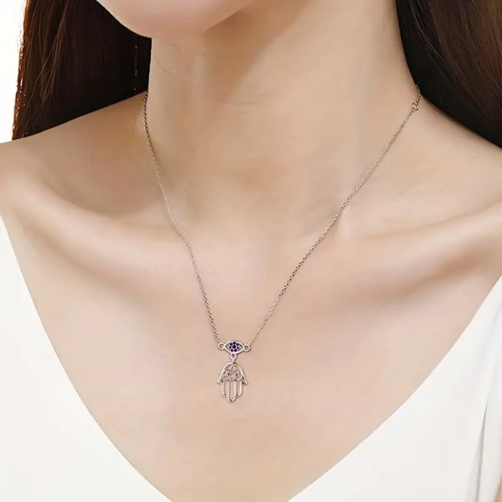 Divine Protection - 925 Sterling Silver Hamsa Hand/Lotus/Evil Eye Necklace (SS)