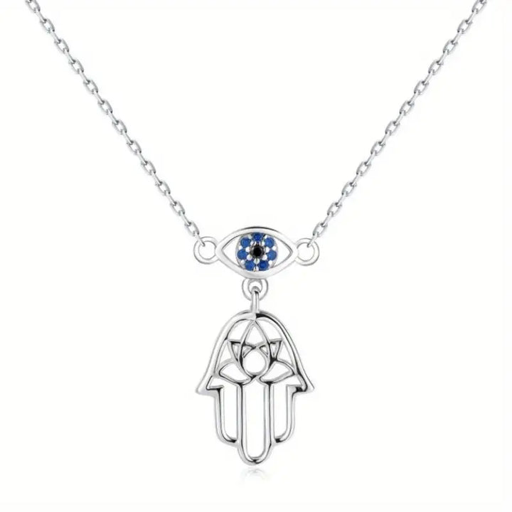 Divine Protection - 925 Sterling Silver Hamsa Hand/Lotus/Evil Eye Necklace (SS)