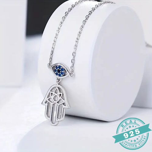 Divine Protection - 925 Sterling Silver Hamsa Hand/Lotus/Evil Eye Necklace (SS)