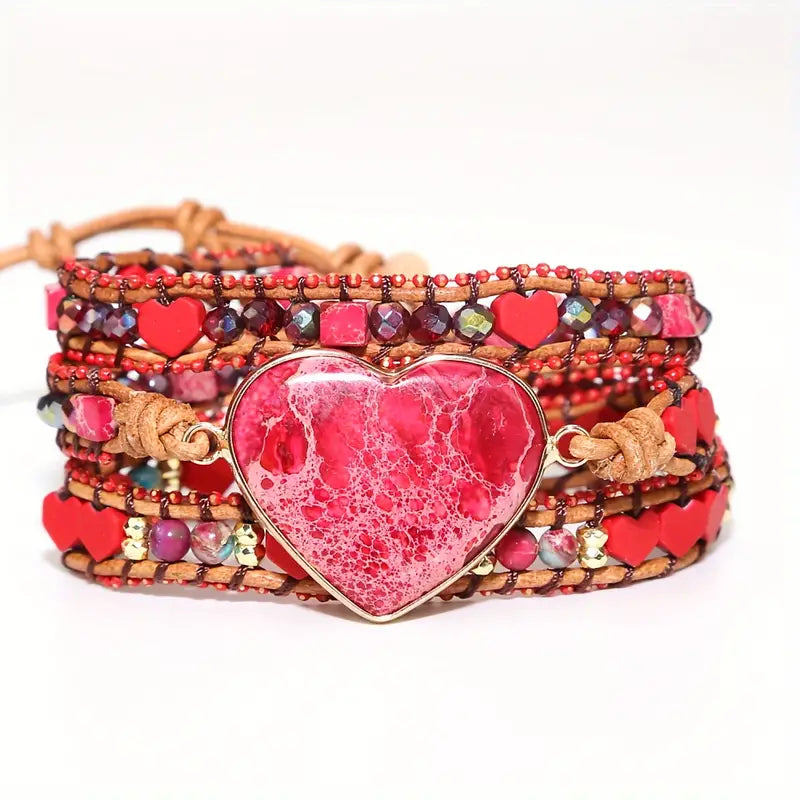 Bohemian Red Heart Brecciated Jasper 3-Layer Leather Wrap Around Bracelet