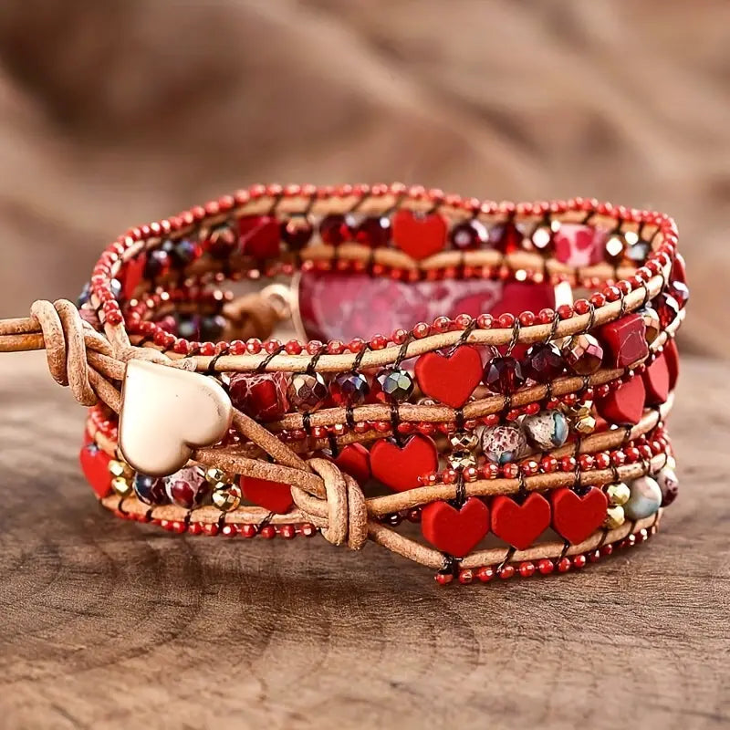 Bohemian Red Heart Brecciated Jasper 3-Layer Leather Wrap Around Bracelet