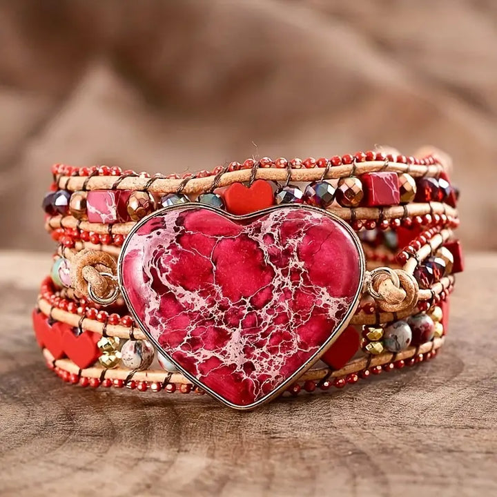 Bohemian Red Heart Brecciated Jasper 3-Layer Leather Wrap Around Bracelet