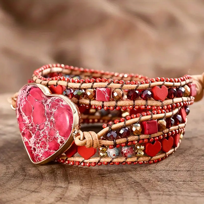 Bohemian Red Heart Brecciated Jasper 3-Layer Leather Wrap Around Bracelet