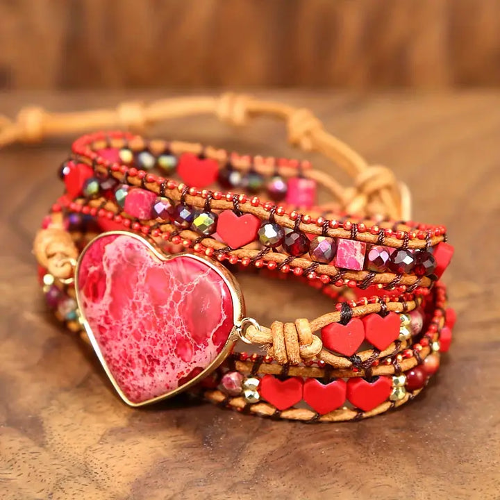 Bohemian Red Heart Brecciated Jasper 3-Layer Leather Wrap Around Bracelet