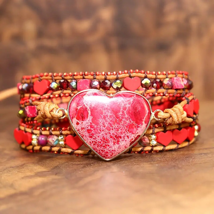 Bohemian Red Heart Brecciated Jasper 3-Layer Leather Wrap Around Bracelet