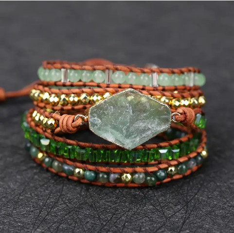 Bohemian Green Fluorite 5-Layer Leather Wrap Around Bracelet