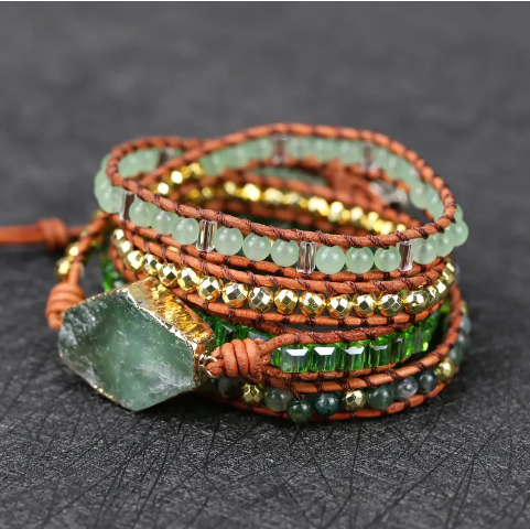 Bohemian Green Fluorite 5-Layer Leather Wrap Around Bracelet