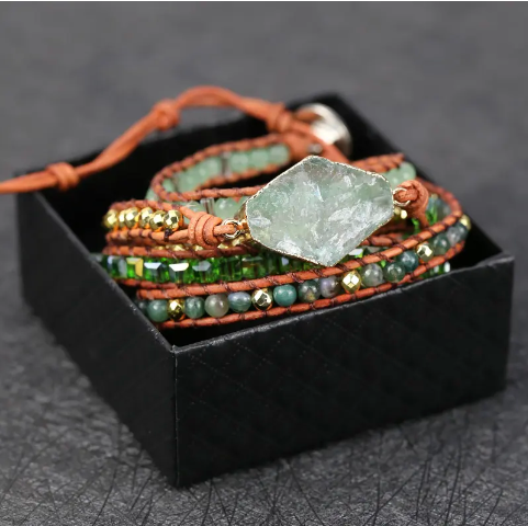 Bohemian Green Fluorite 5-Layer Leather Wrap Around Bracelet