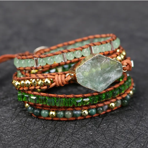 Bohemian Green Fluorite 5-Layer Leather Wrap Around Bracelet