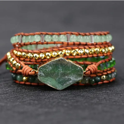 Bohemian Green Fluorite 5-Layer Leather Wrap Around Bracelet