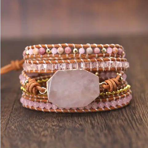 Bohemian Rose Quartz 5-Layer Leather Wrap Around Bracelet