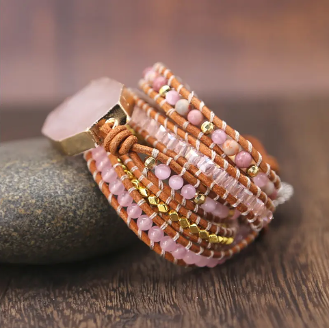 Bohemian Rose Quartz 5-Layer Leather Wrap Around Bracelet