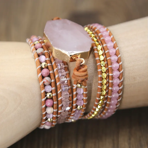 Bohemian Rose Quartz 5-Layer Leather Wrap Around Bracelet