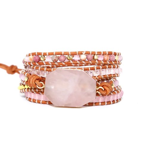 Bohemian Rose Quartz 5-Layer Leather Wrap Around Bracelet