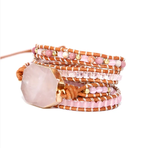 Bohemian Rose Quartz 5-Layer Leather Wrap Around Bracelet