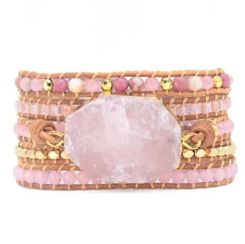 Bohemian Rose Quartz 5-Layer Leather Wrap Around Bracelet