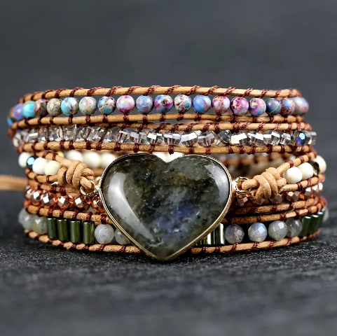 Bohemian Agate/Labradorite heart 5-Layer Leather Wrap Around Bracelet