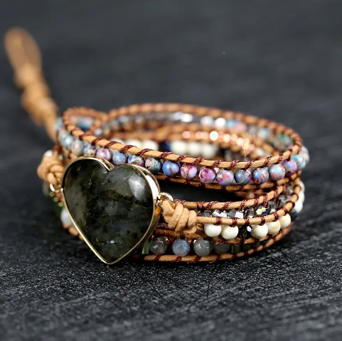 Bohemian Agate/Labradorite heart 5-Layer Leather Wrap Around Bracelet