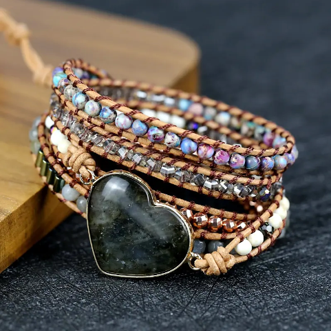 Bohemian Agate/Labradorite heart 5-Layer Leather Wrap Around Bracelet