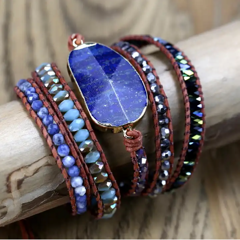 Bohemian Lapis Lazuli 5-Layer Leather Wrap Around Bracelet