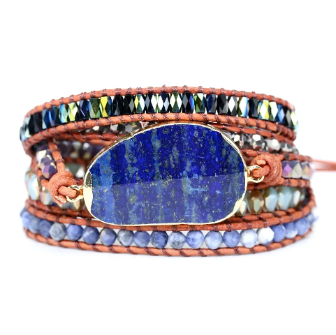 Bohemian Lapis Lazuli 5-Layer Leather Wrap Around Bracelet