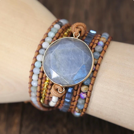 Bohemian Agate Round Labradorite 5-Layer Leather Wrap Around Bracelet