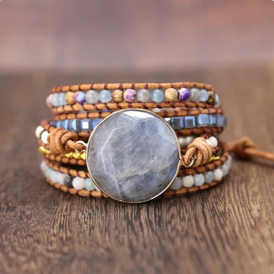 Bohemian Agate Round Labradorite 5-Layer Leather Wrap Around Bracelet