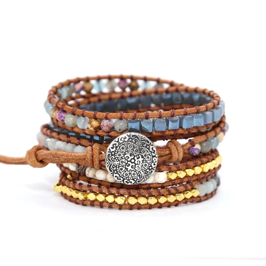 Bohemian Agate Round Labradorite 5-Layer Leather Wrap Around Bracelet